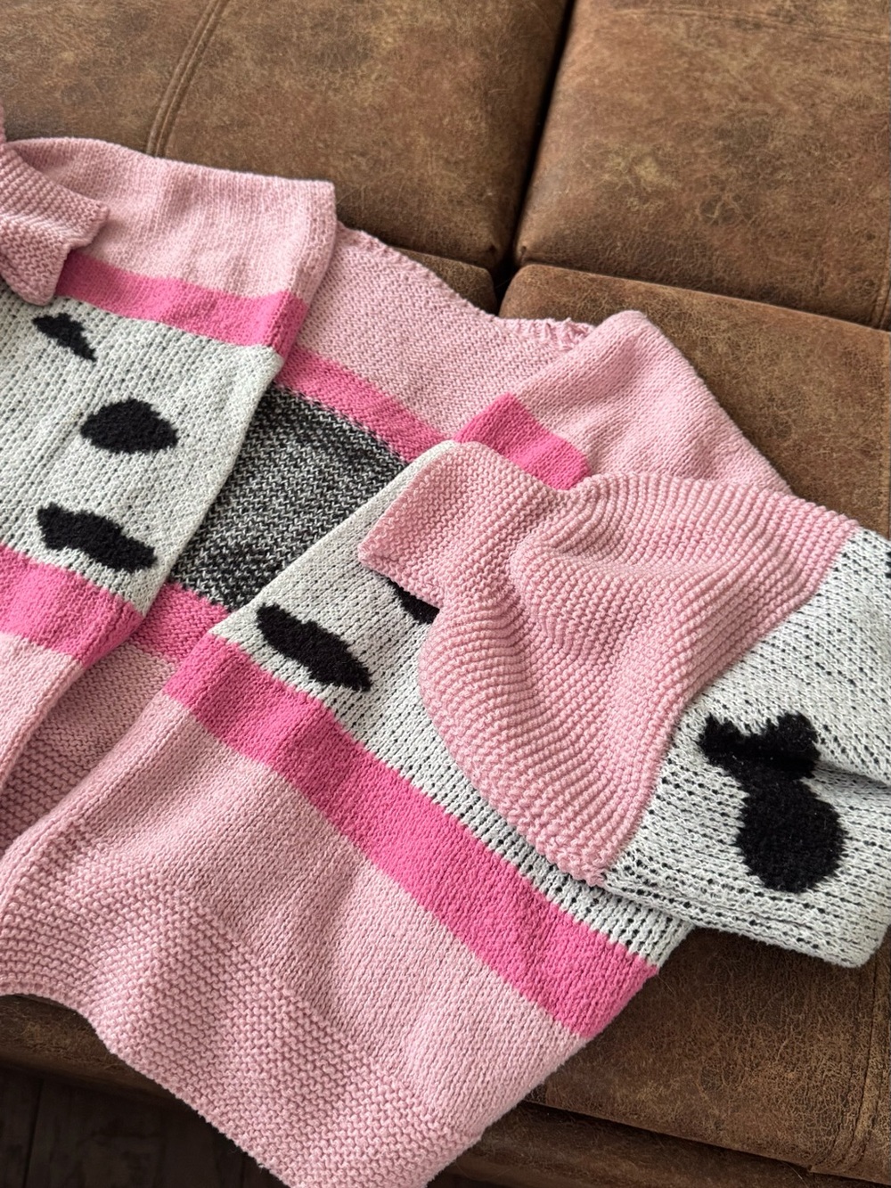 Pink Striped Knit Women's cardigan with Black Accent Motifs